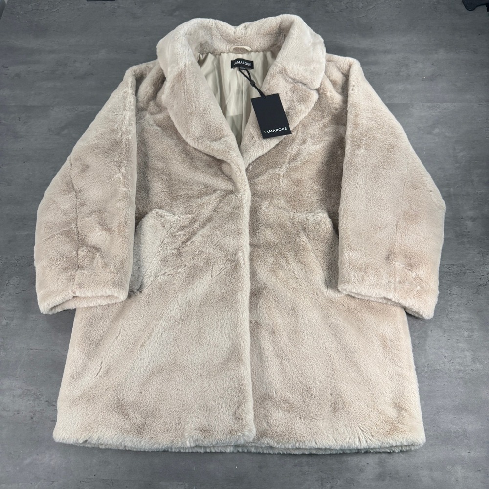 Lamarque Faux Fur Coat Womens M Linnea OT Oat Mid-Length Heavyweight NEW $285